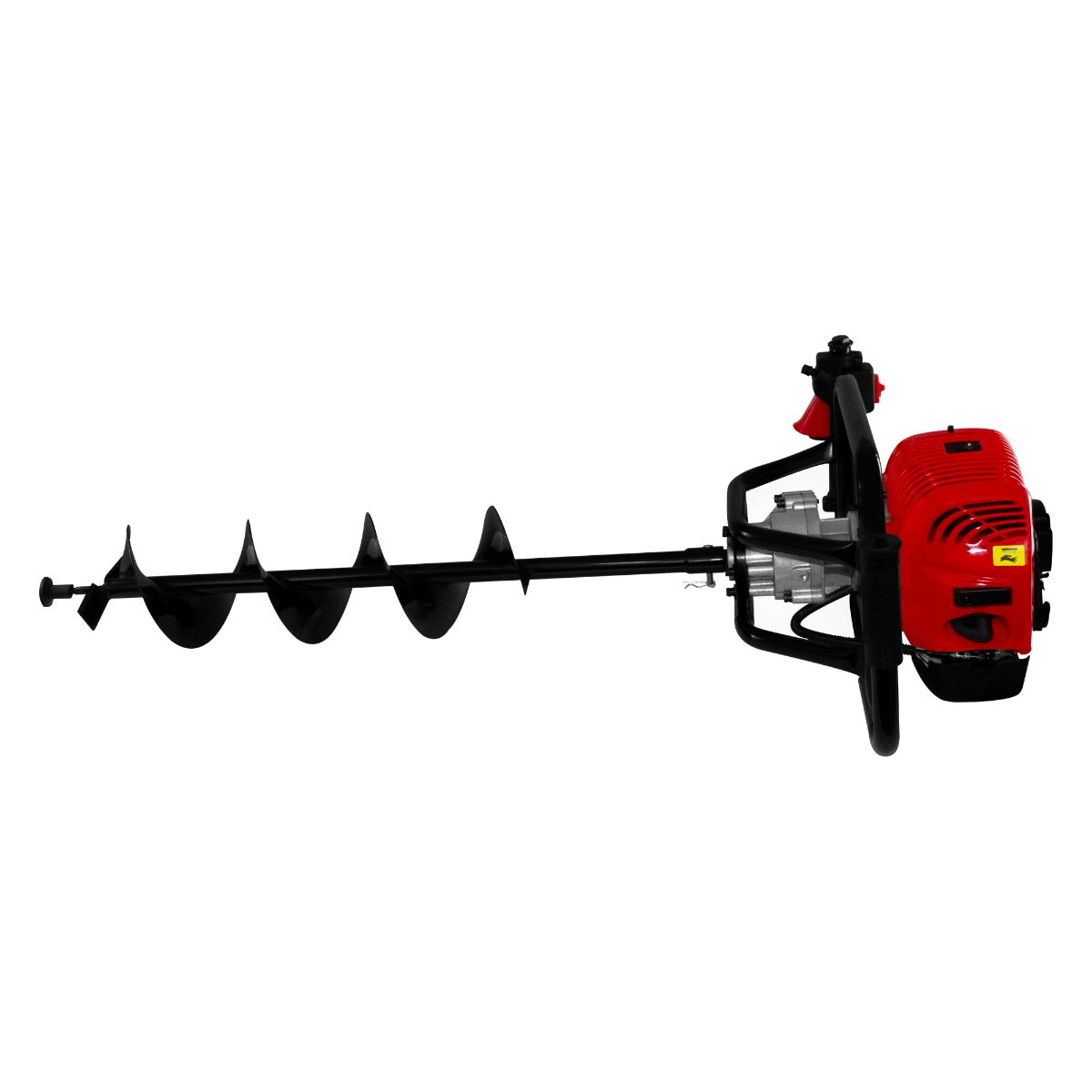 Tarière T-Mech 52cc rouge avec une vis en acier noir, conçue pour percer efficacement le sol et réaliser divers travaux de jardinage