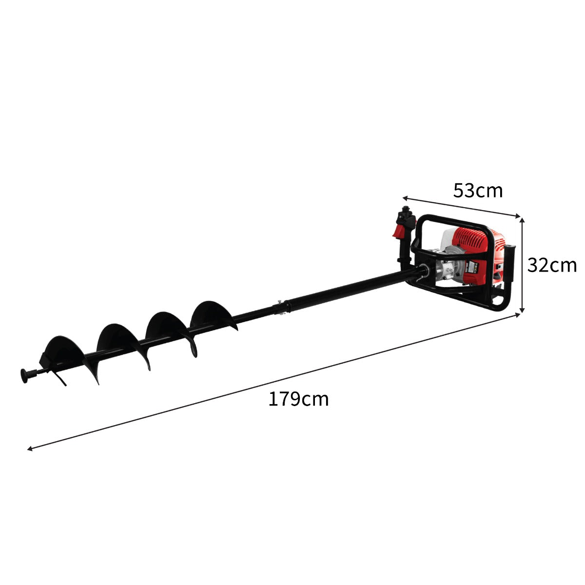 Tarière 52cc 5 en 1 avec un moteur rouge, un long tube noir et trois forets en métal, idéale pour le jardinage et les travaux extérieurs
