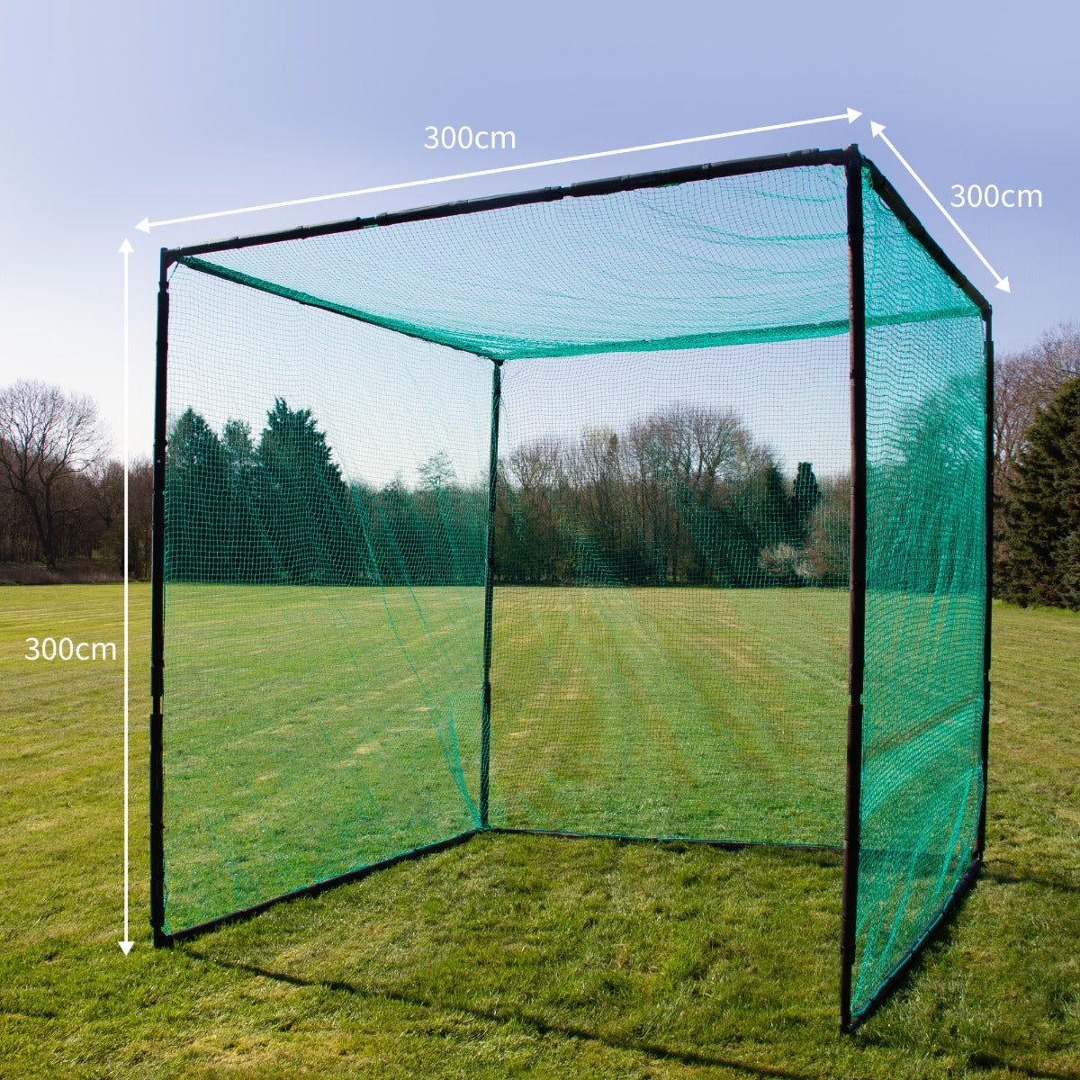 Cage d'entraînement de golf en filet vert, structure noire, dimensions 300cm x 300cm, idéale pour la pratique en extérieur