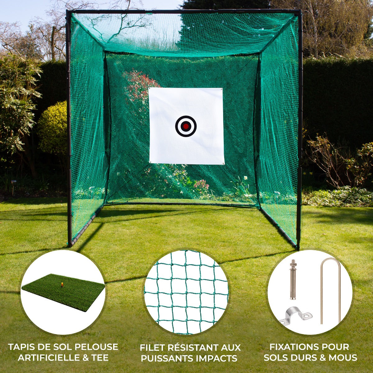 Cage d'entraînement de golf avec filet vert résistant, cible blanche au centre, tapis de sol en pelouse artificielle et fixations robustes