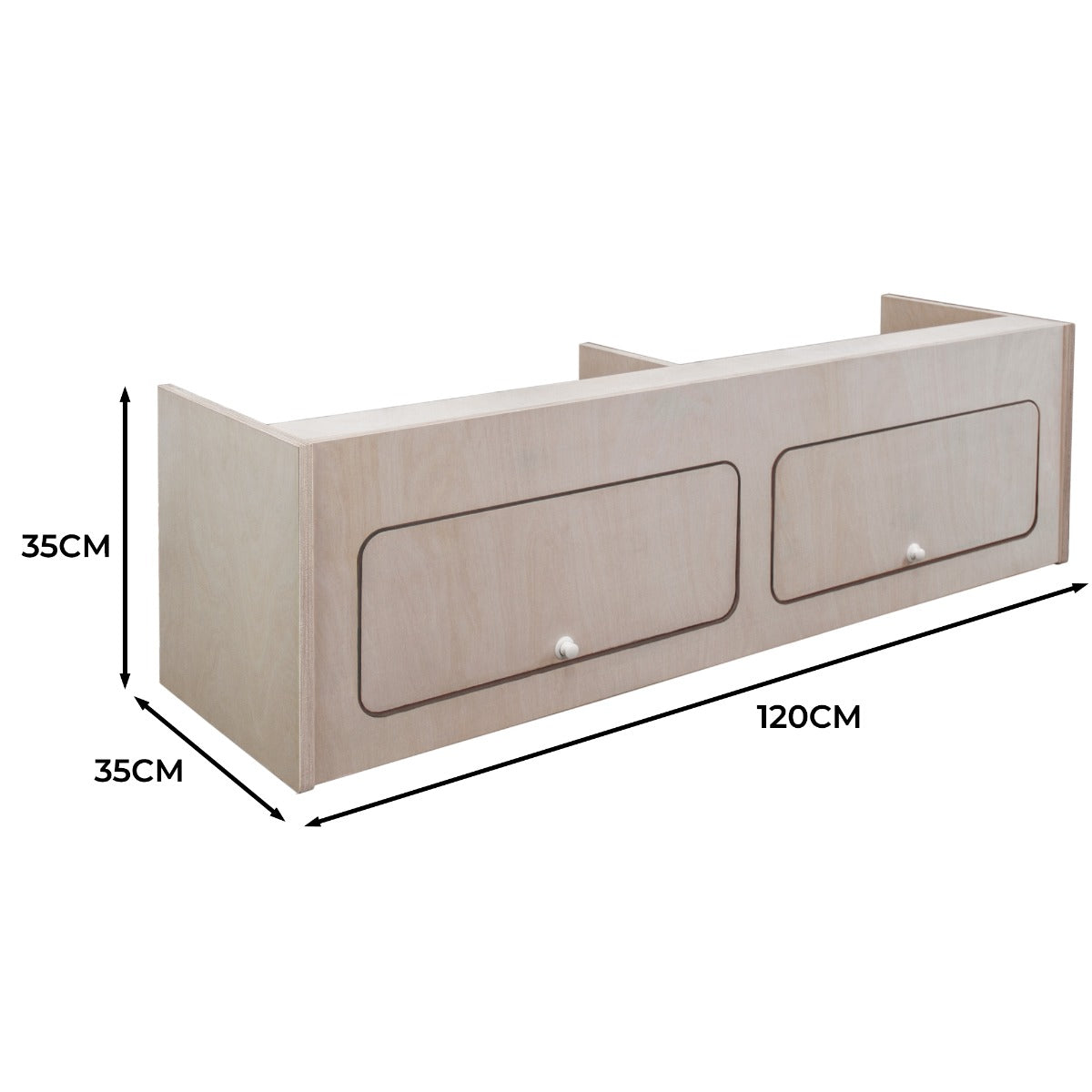 Armoire de rangement en bois clair, dimensions 120 x 35 x 35 cm, avec deux tiroirs et finitions lisses, idéale pour camping-car