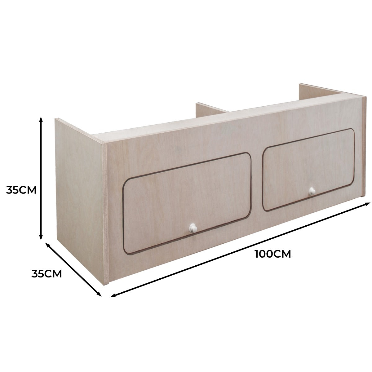 Armoire de rangement en bois clair, dimensions 100 x 35 x 35 cm, avec deux tiroirs et finition lisse, idéale pour camping-car