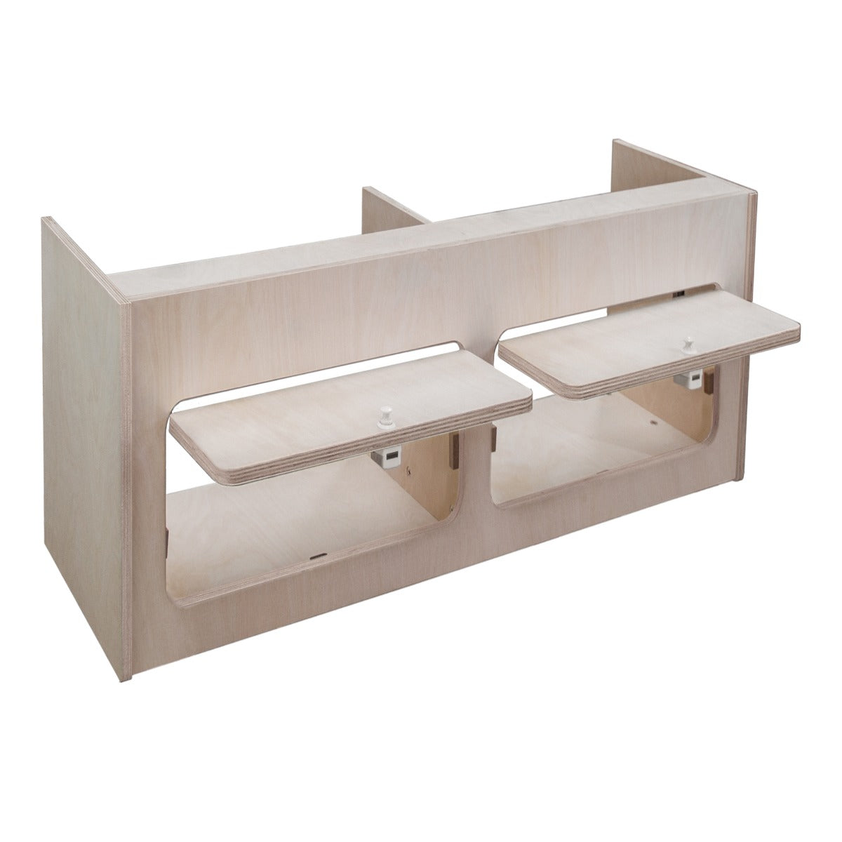 Armoire de rangement en bois clair pour camping-car, avec deux étagères rabattables et un design moderne et fonctionnel