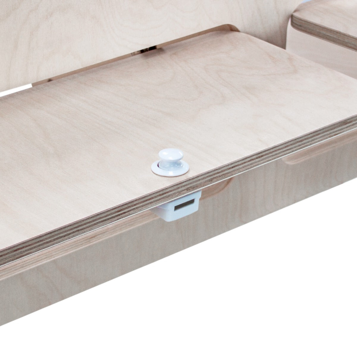 Armoire de rangement en contreplaqué clair, dimensions 80 x 35 x 35 cm, avec surface lisse et boutons en plastique blanc pour un accès facile