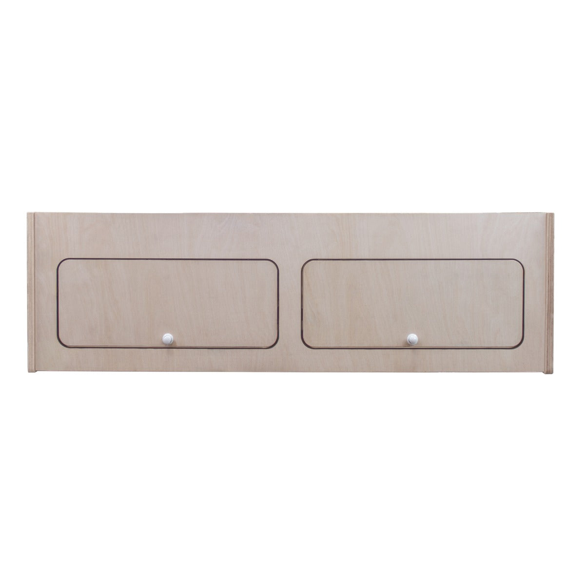 Armoire de rangement en bois clair, dimensions 100 x 30 x 30 cm, avec deux tiroirs à poignées blanches et finition lisse