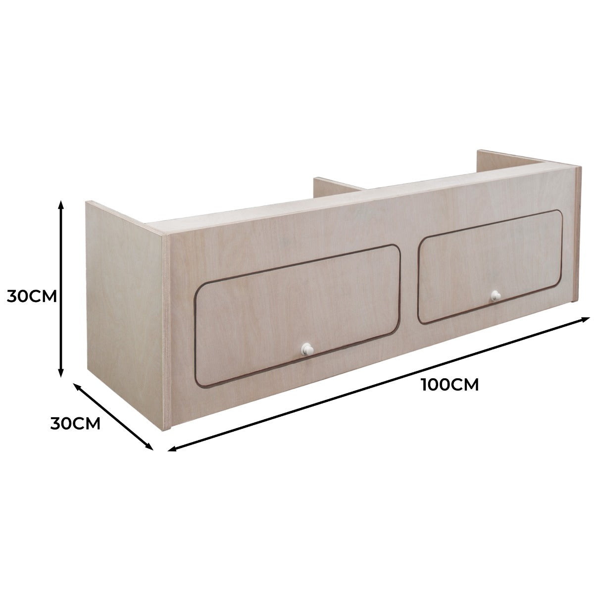 Armoire de rangement en bois clair pour camping-car, dimensions 100 x 30 x 30 cm, avec deux tiroirs et finition lisse