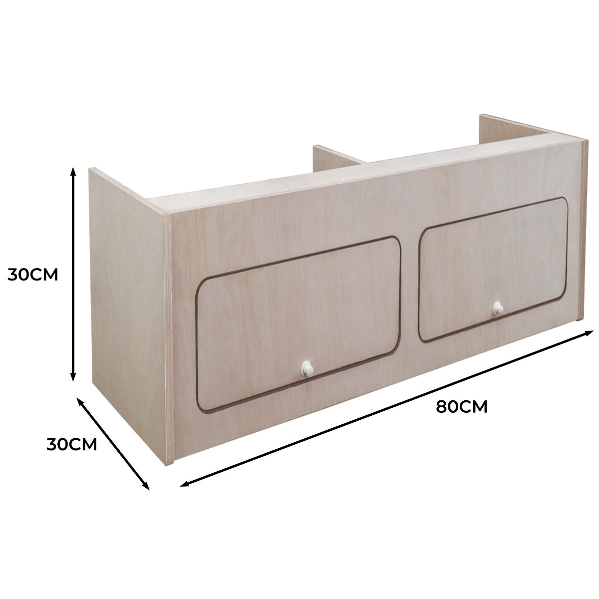 Armoire de rangement en bois clair, dimensions 80 x 30 x 30 cm, avec deux tiroirs et finitions lisses, idéale pour camping-car