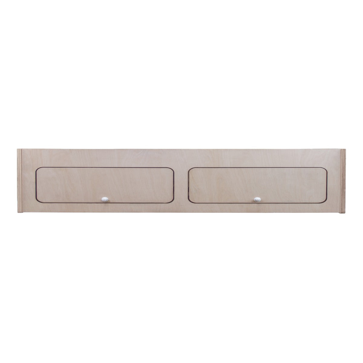 Armoire de rangement en bois clair, dimensions 120 x 25 x 25 cm, avec deux tiroirs et poignées en métal, idéale pour camping-car