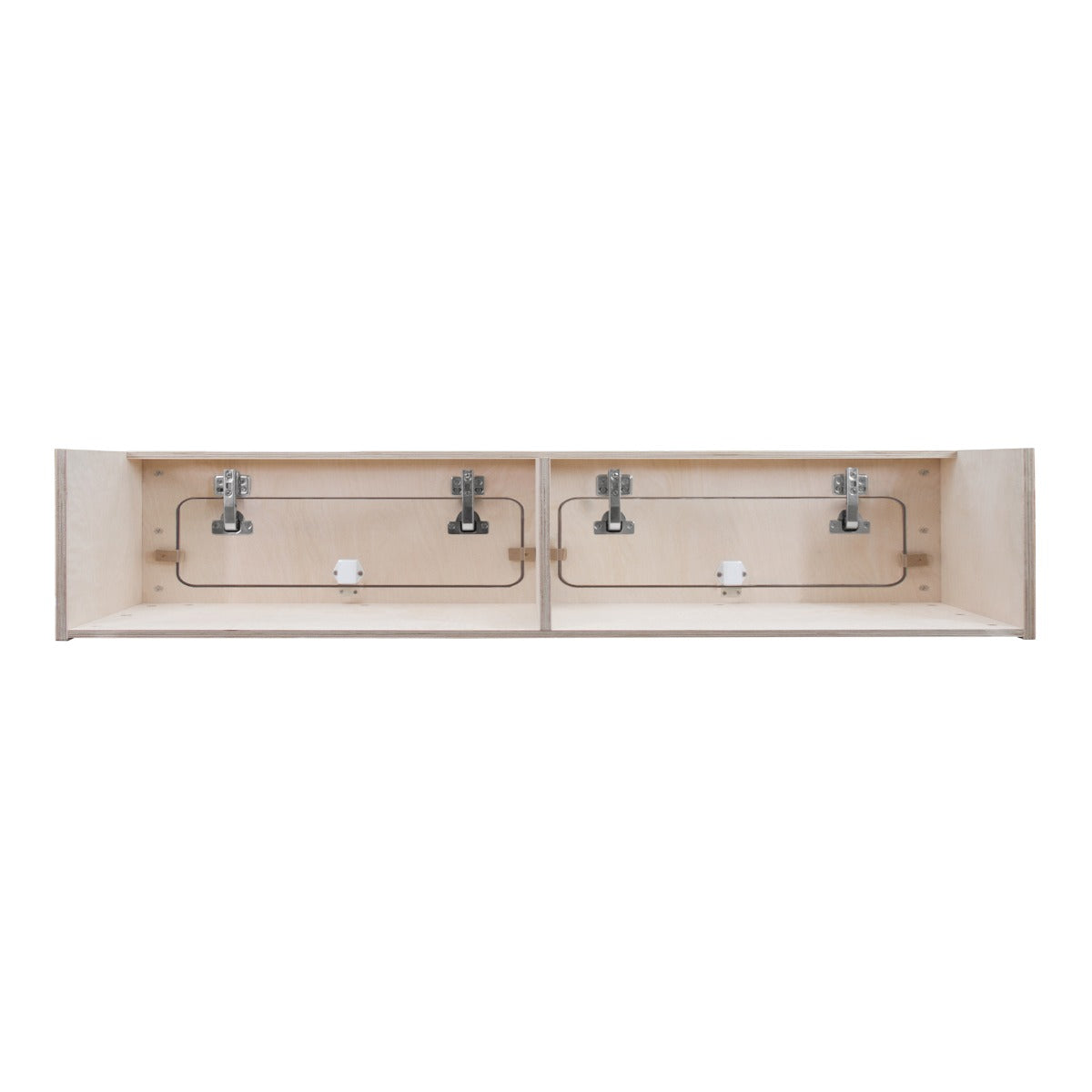 Armoire de rangement en bois clair, dimensions 120 x 25 x 25 cm, avec deux compartiments et des crochets métalliques pour camping-car
