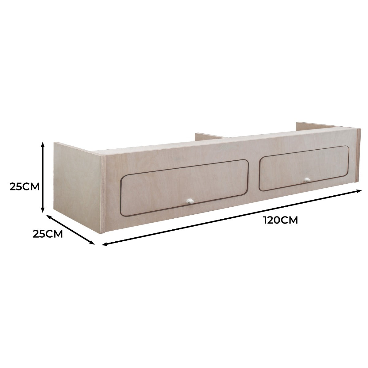 Armoire de rangement en bois clair pour camping-car, dimensions 120 x 25 x 25 cm, avec deux tiroirs et finition lisse