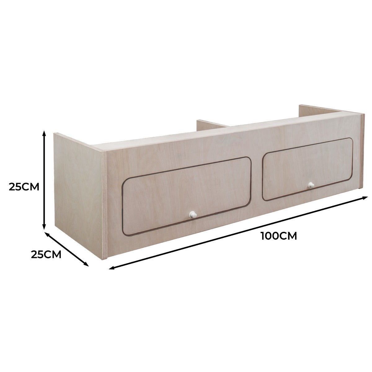 Armoire de rangement en bois clair pour camping-car, dimensions 100 x 25 x 25 cm, avec deux tiroirs et finition lisse
