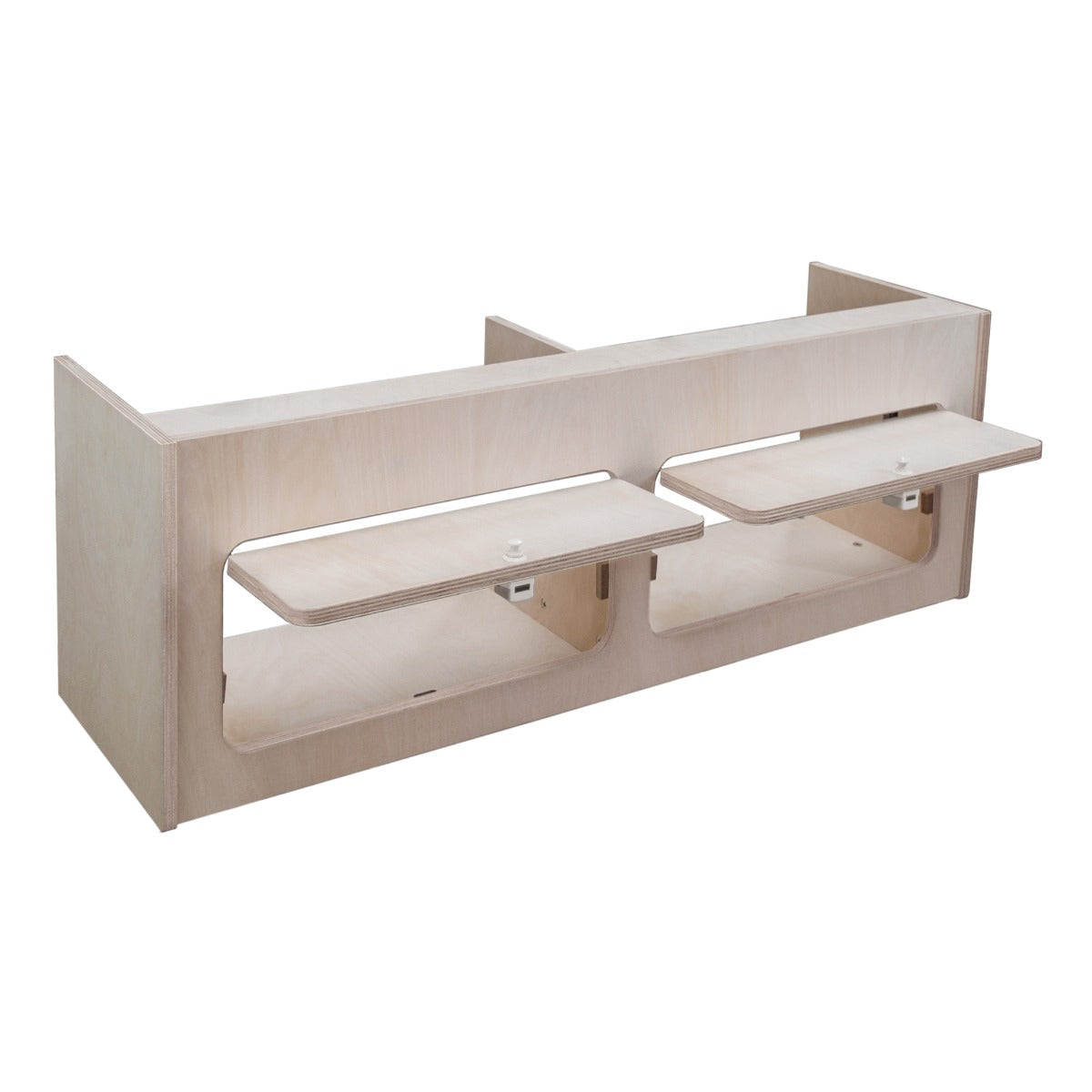 Armoire de rangement en contreplaqué clair, dimensions 80 x 25 x 25 cm, avec deux étagères coulissantes et un design moderne et épuré