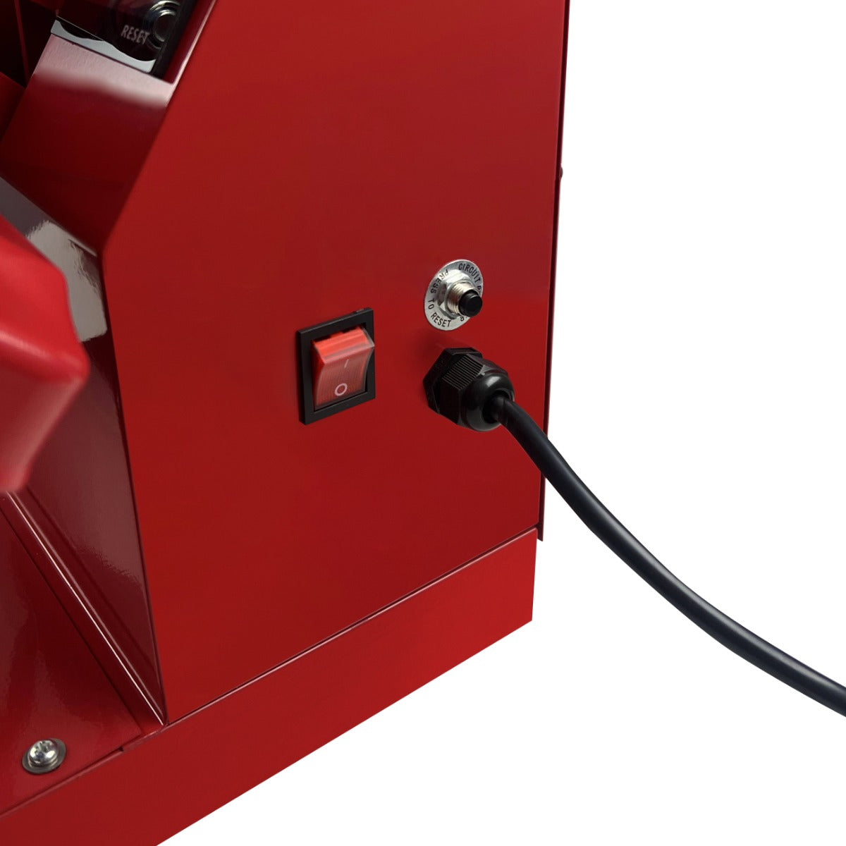 Presse à chaud rouge avec bouton d'alimentation, molette de réglage et câble noir, idéale pour les projets de transfert thermique