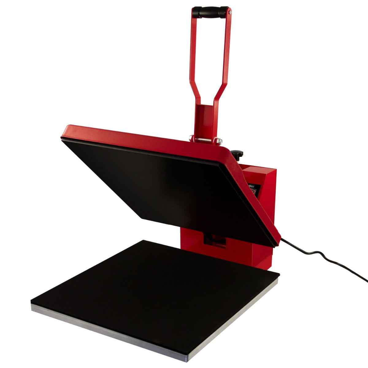 Presse à chaud rouge de 50 cm avec plateau noir et surface lisse, idéale pour le transfert d'images et de motifs sur divers matériaux