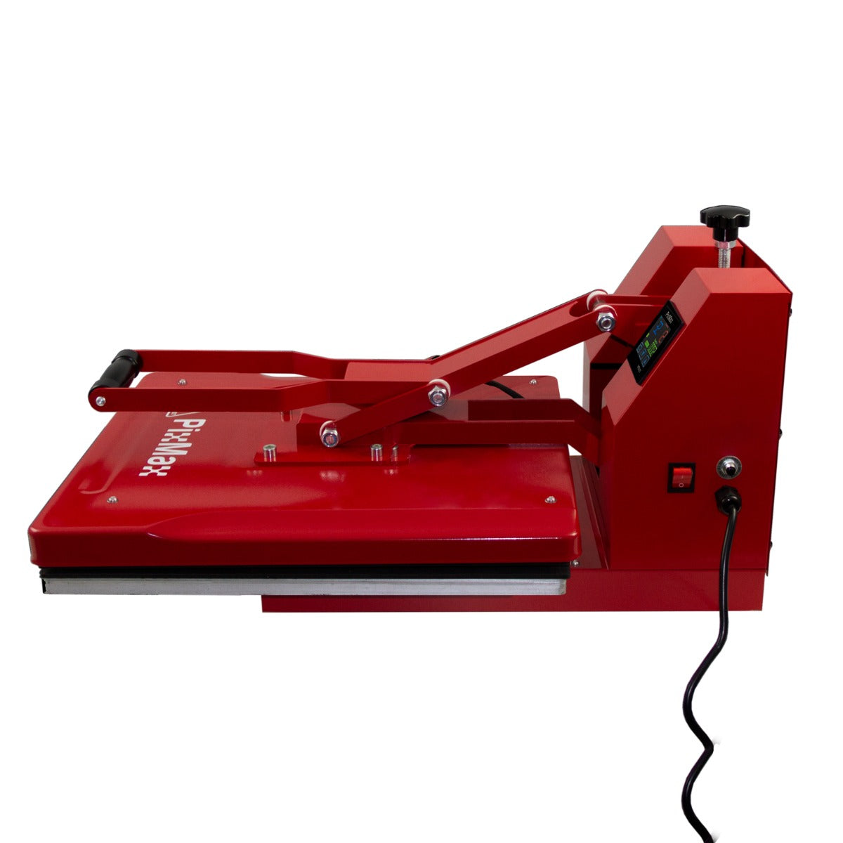 Presse à chaud rouge de 50 cm avec bras articulé, surface lisse et écran numérique, idéale pour le transfert de motifs sur textiles