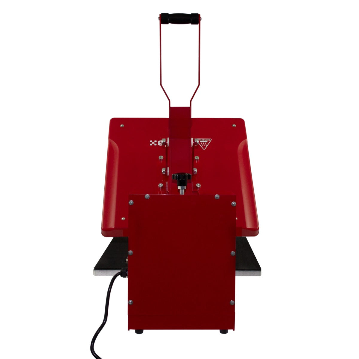 Presse à chaud rouge de 50 cm avec un panneau de contrôle et une poignée ergonomique, idéale pour le transfert de motifs sur textile