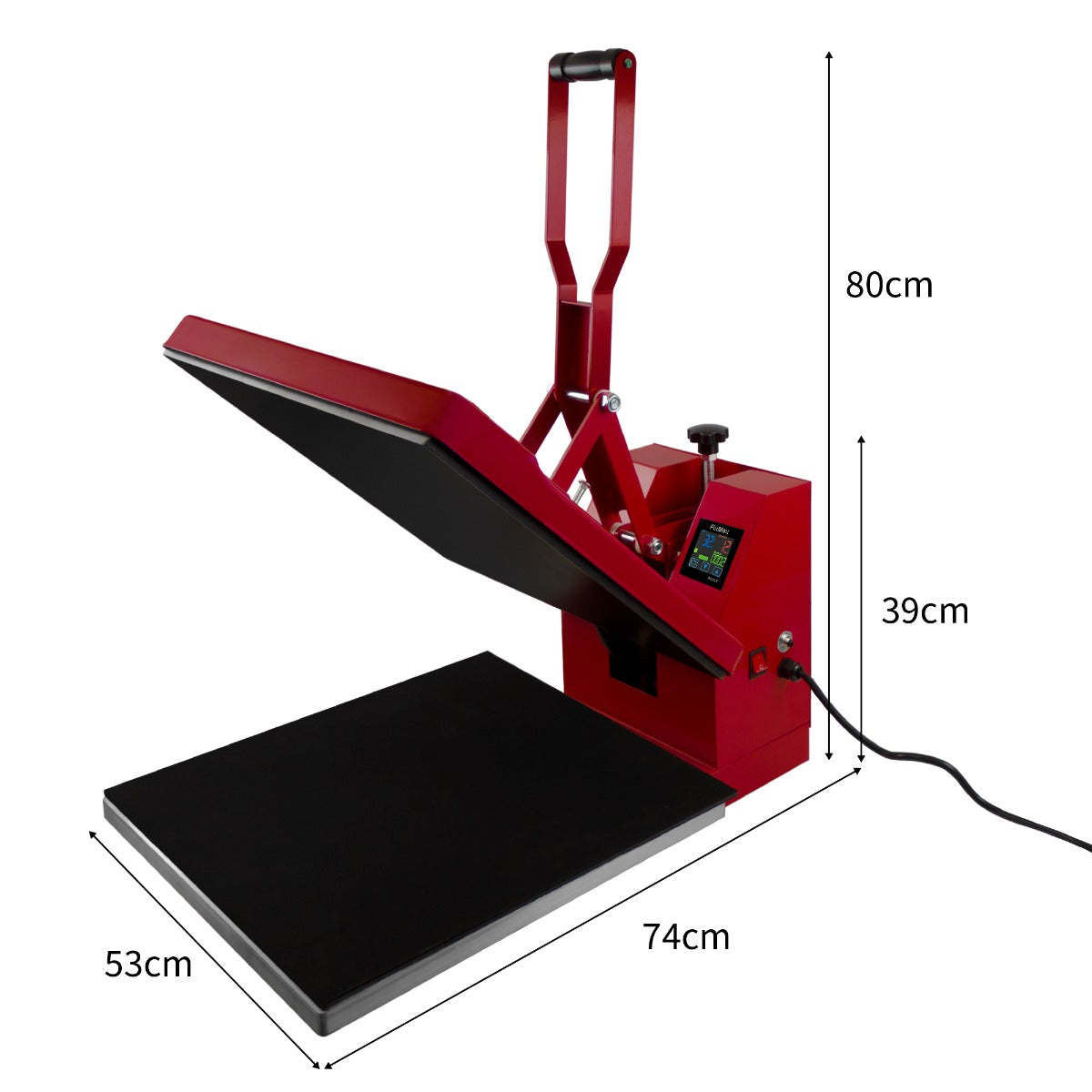 Presse à chaud rouge de 50 cm avec plateau noir, écran de contrôle et bras de levage, idéale pour le transfert de designs textiles