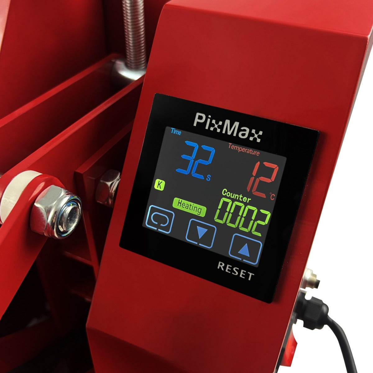 Écran numérique du presse à chaud PixMax, affichant le temps, la température et le compteur, avec un design rouge et des boutons de contrôle