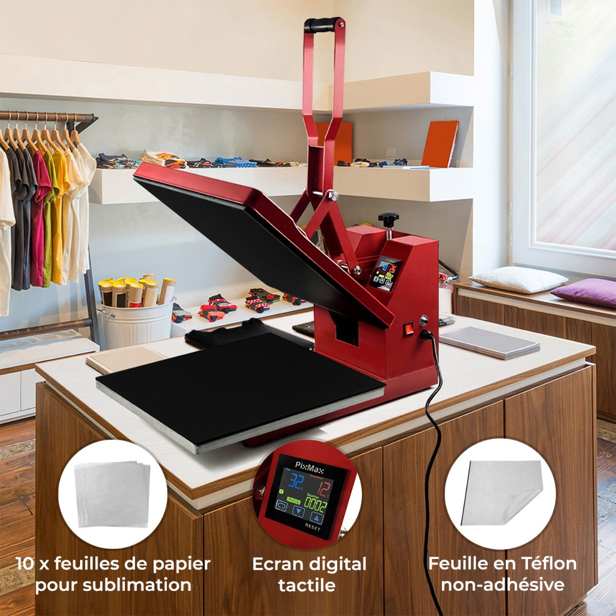 Presse à chaud rouge de 50 cm avec écran tactile, accompagnée de 10 feuilles de papier pour sublimation et feuille en Teflon non-adhésive