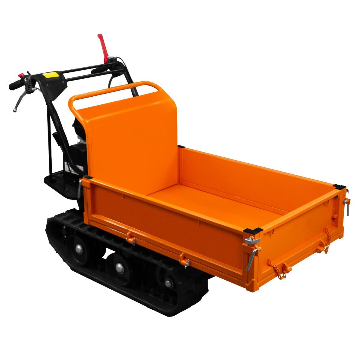 Mini tombereau à chenilles orange vif avec moteur essence de 6,5 CV, châssis noir, conçu pour le transport de matériaux en terrain difficile