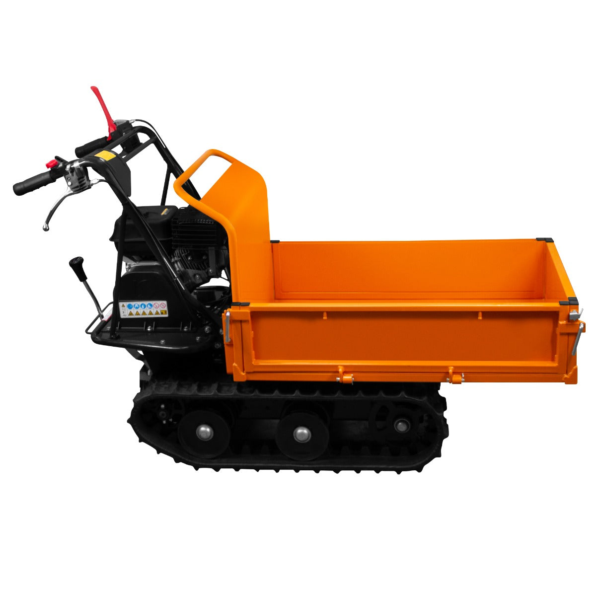 Mini tombereau à chenilles orange vif avec moteur essence de 6,5 CV, équipé d'un guidon et d'un bac de chargement robuste en métal