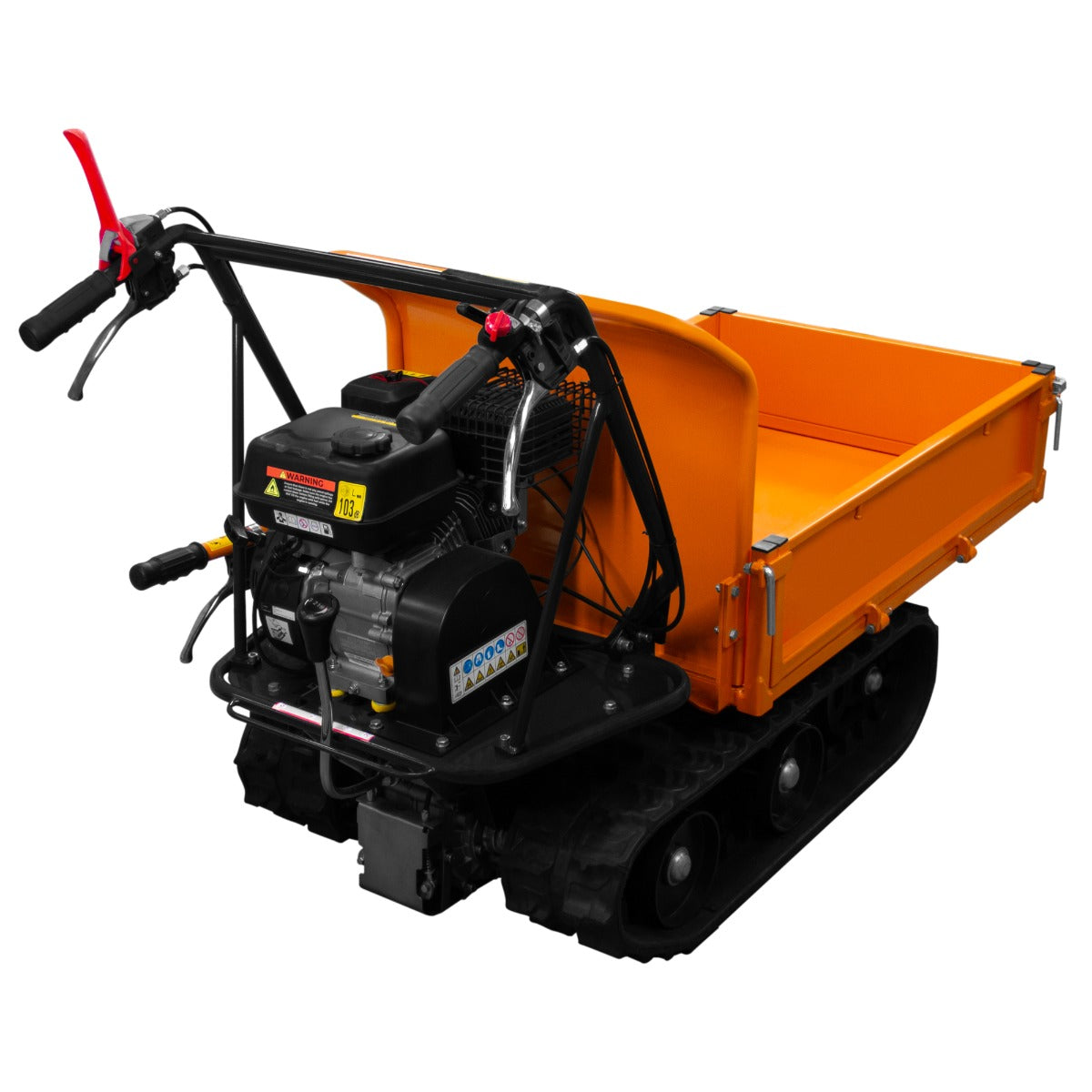 Mini tombereau à chenilles orange avec moteur essence de 6,5 CV, équipé de commandes ergonomiques et d'un bac de chargement robuste