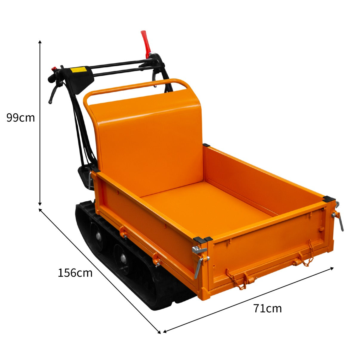 Mini tombereau à chenilles orange, moteur essence 6,5 CV, dimensions 156 cm x 71 cm x 99 cm, conçu pour le transport de matériaux lourds