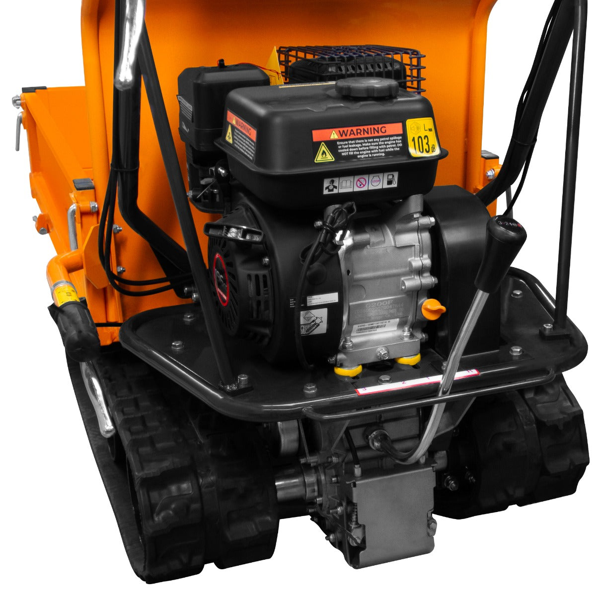 Mini tombereau à chenilles orange avec moteur essence de 6,5 CV, affichant des détails robustes et un design compact, idéal pour les chantiers