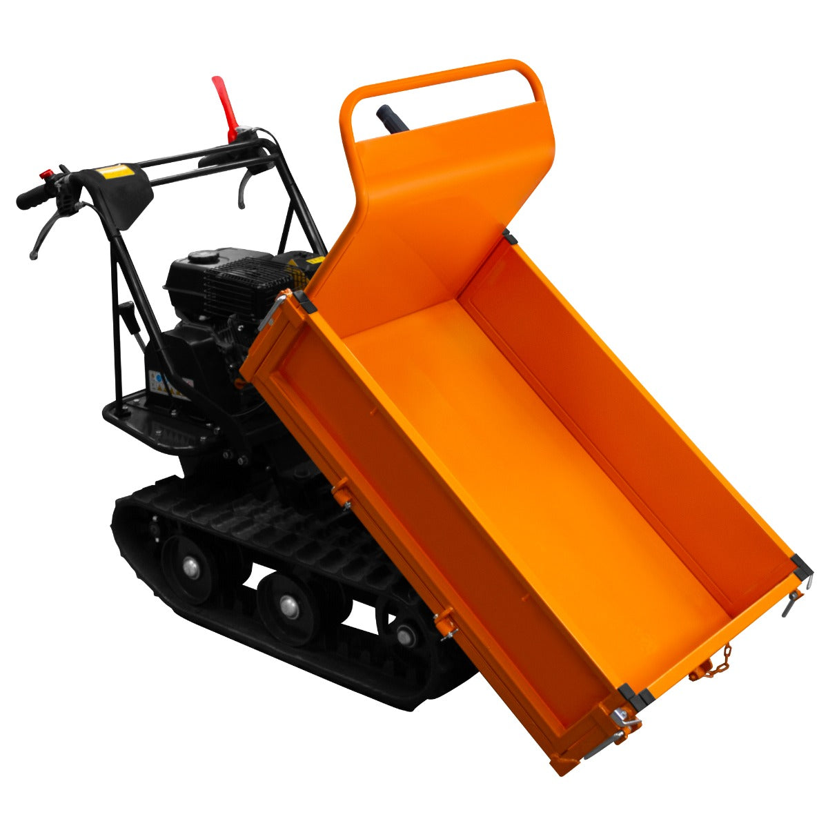 Mini tombereau à chenilles avec benne orange, moteur essence 6,5 CV, roues en caoutchouc, conçu pour le transport de matériaux lourds