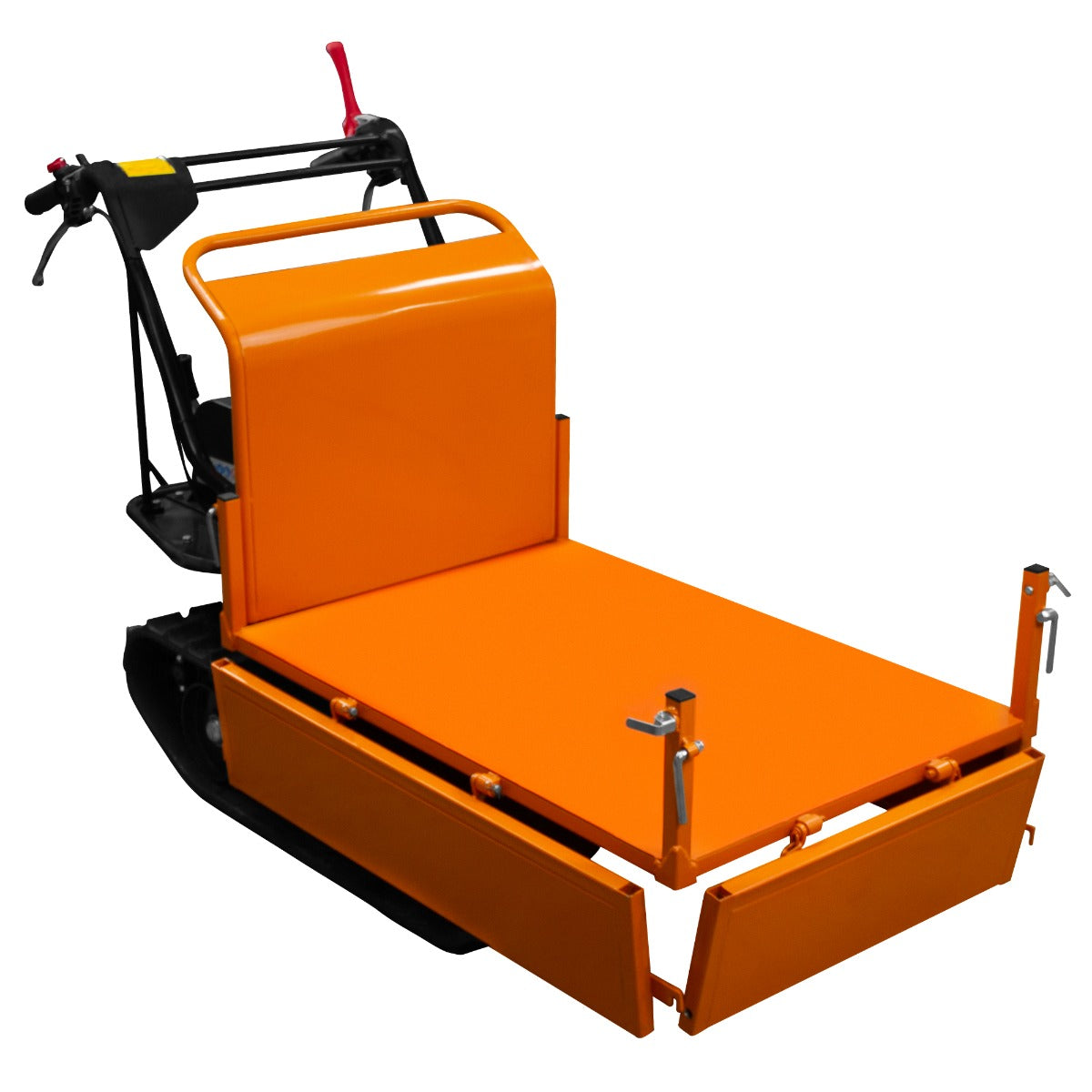 Mini tombereau à chenilles orange avec plateforme plate, guidon noir, conçu pour le transport de matériaux, compact et robuste