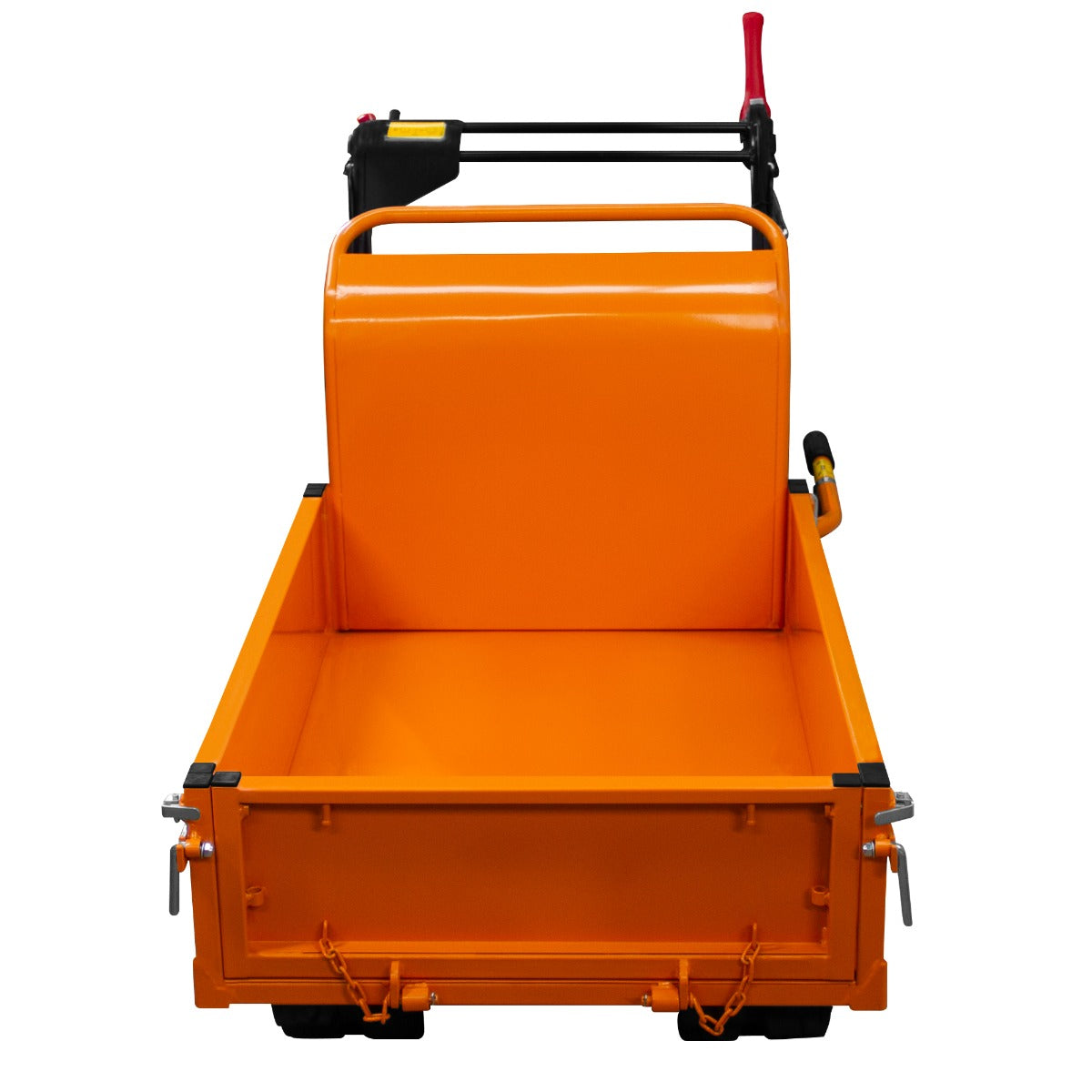 Mini tombereau à chenilles orange vif, avec un grand bac rectangulaire et un guidon noir, idéal pour le transport de matériaux