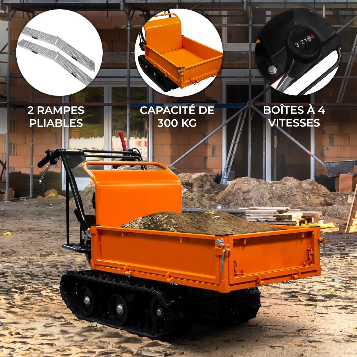 Mini tombereau à chenilles orange avec benne, capacité de 300 kg, 4 vitesses, sur terrain de chantier en gravier