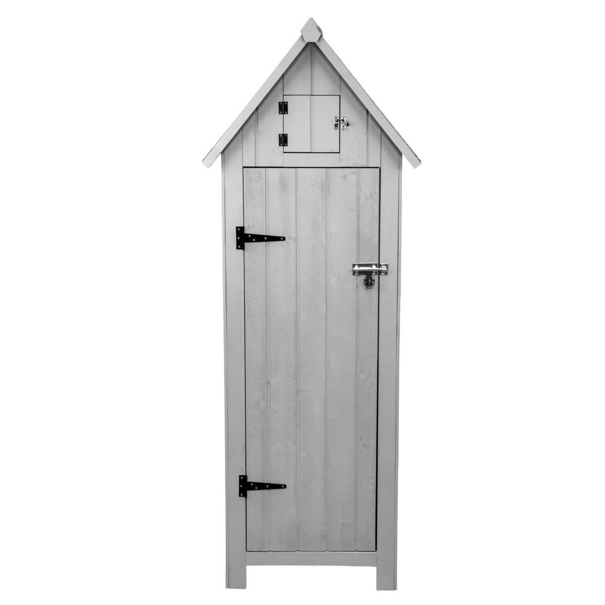 Abri de jardin en bois gris clair avec toit en pente, portes en bois à lattes, et quincaillerie noire élégante