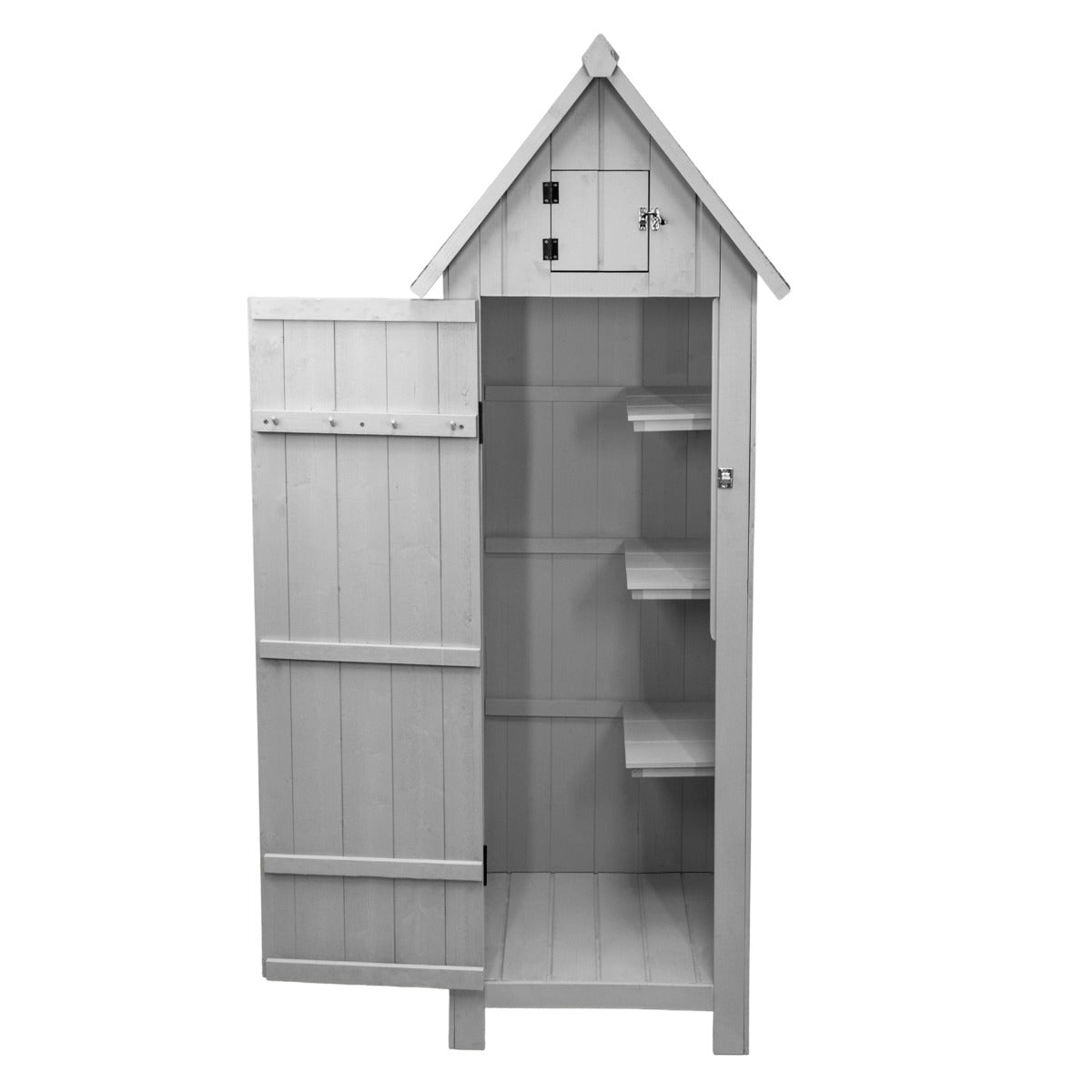 Abri de jardin en bois gris clair avec toit en pente, portes ouvertes, étagères intérieures et finition lisse et élégante