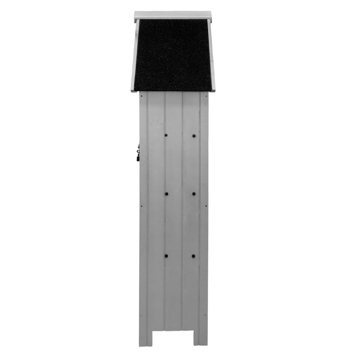 Abri de jardin en bois gris clair, design vertical avec toit en pente et texture lisse, idéal pour le rangement extérieur