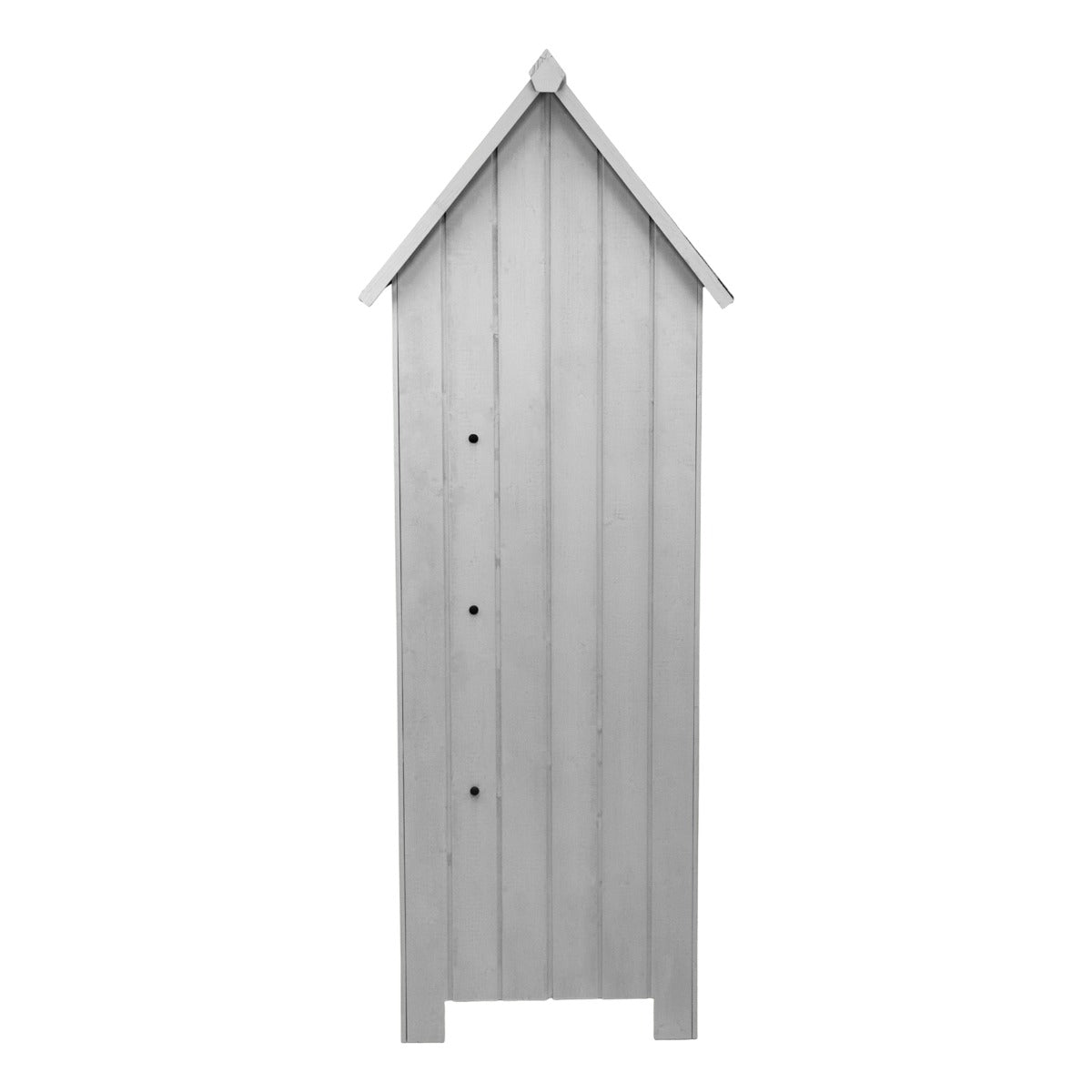 Abri de jardin en bois gris clair avec un toit en pente, parois verticales et trois trous de ventilation, design moderne et épuré
