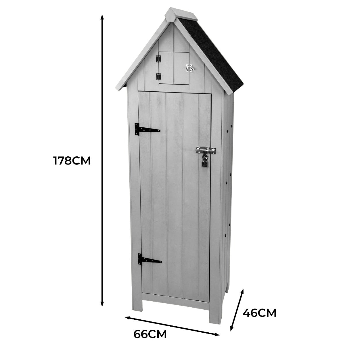 Abri de jardin en bois gris clair, forme de maison, dimensions 178 cm de hauteur, 66 cm de largeur, 46 cm de profondeur, avec toit en bardeaux