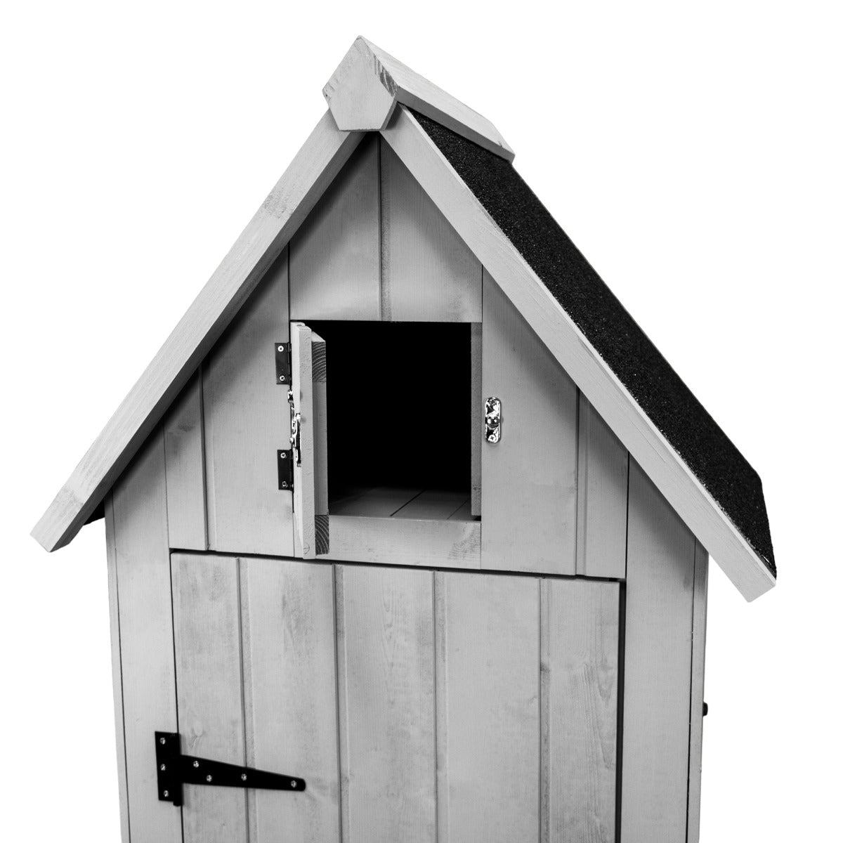 Abri de jardin en bois gris clair avec toit incliné, porte en bois et petite fenêtre, finition lisse et élégante