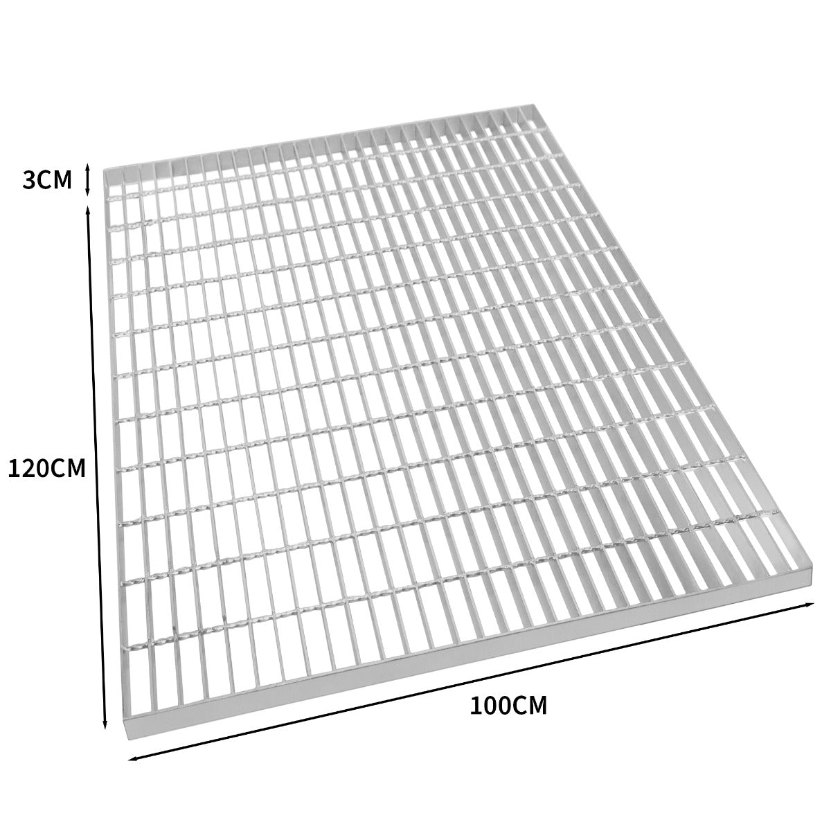 Grille caillebotis en acier galvanisé de 1200 x 1000 mm, finition lisse, couleur argentée, avec des barres parallèles et une épaisseur de 3 cm