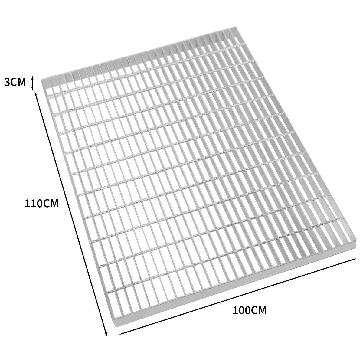 Grille caillebotis en acier galvanisé, dimensions 1100 x 1000 mm, finition lisse, couleur argentée, idéale pour une utilisation extérieure