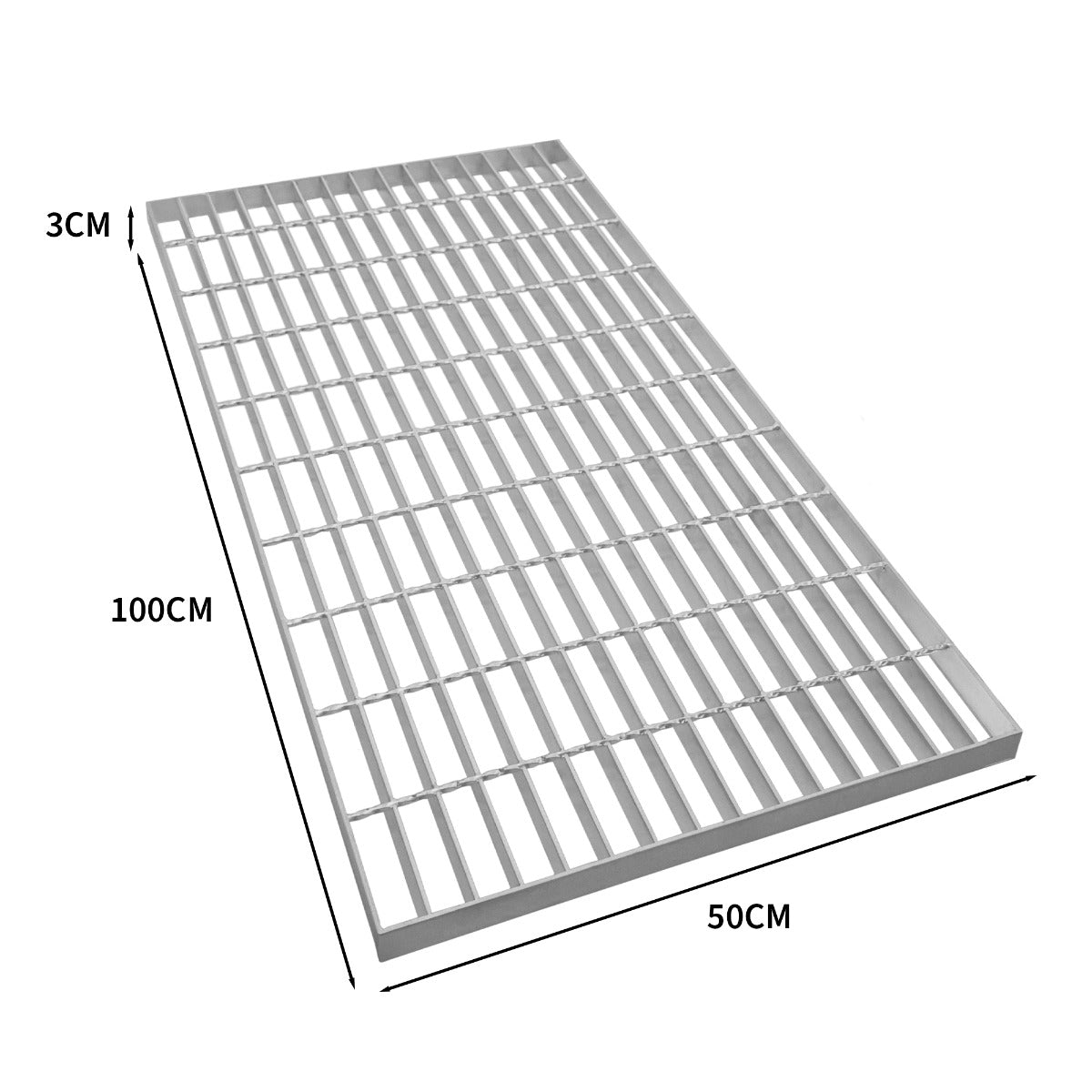 Grille caillebotis en acier galvanisé, dimensions 1000 x 500 mm, surface lisse avec des barres parallèles et espacées uniformément