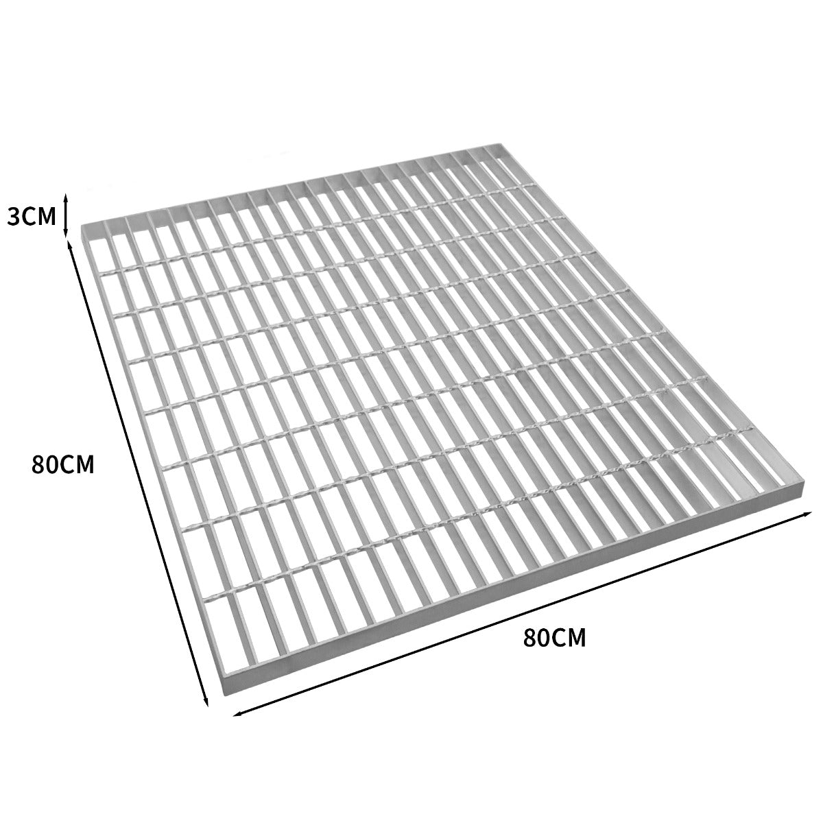 Grille caillebotis en acier galvanisé, dimensions 800 x 800 mm, surface lisse, finition argentée, idéale pour la ventilation et le drainage