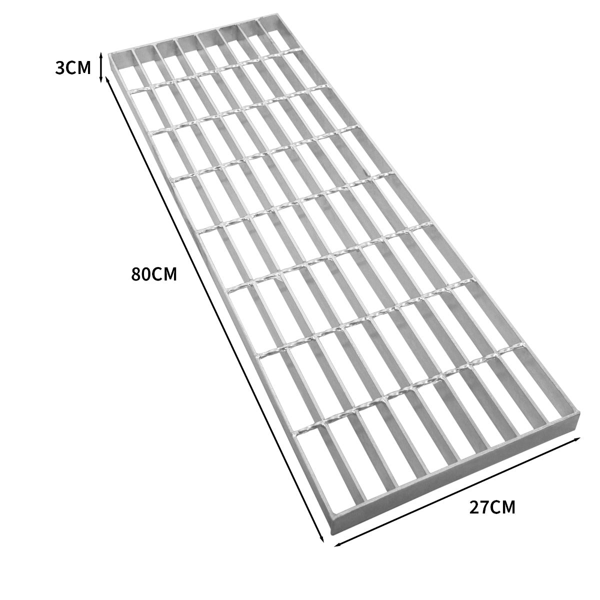Grille caillebotis en acier galvanisé, dimensions 800 x 270 mm, finition lisse et résistante, idéale pour les espaces extérieurs