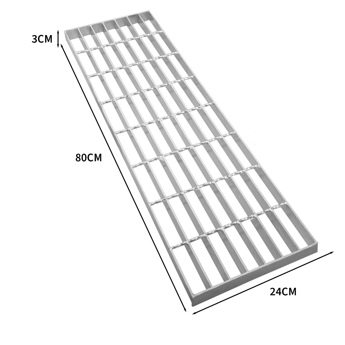 Grille caillebotis en acier galvanisé, dimensions 800 x 240 mm, finition lisse, couleur argentée, design robuste et durable