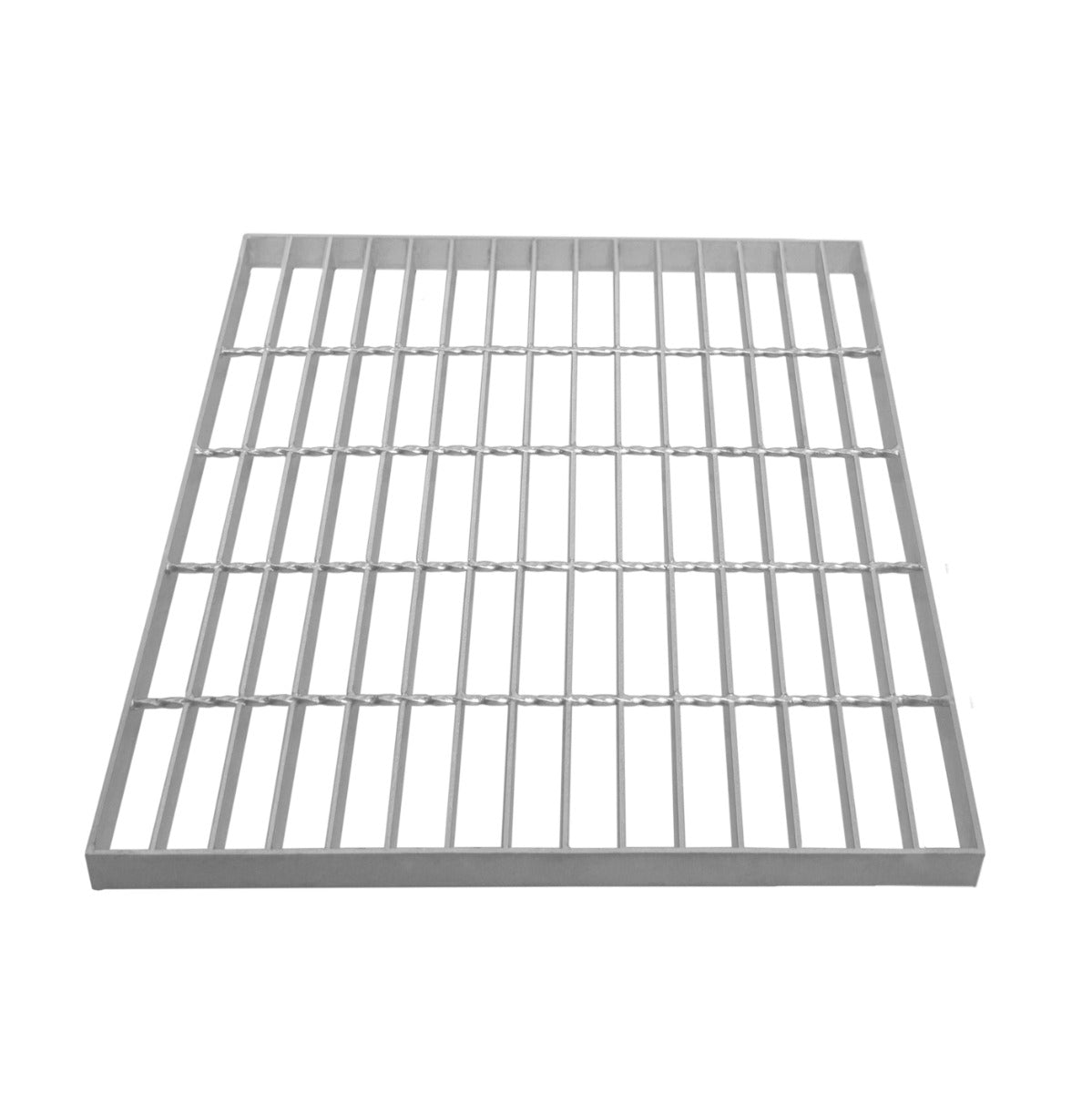 Grille caillebotis en acier galvanisé de 500 x 500 mm, avec une finition argentée, présentant des barres parallèles et une texture lisse