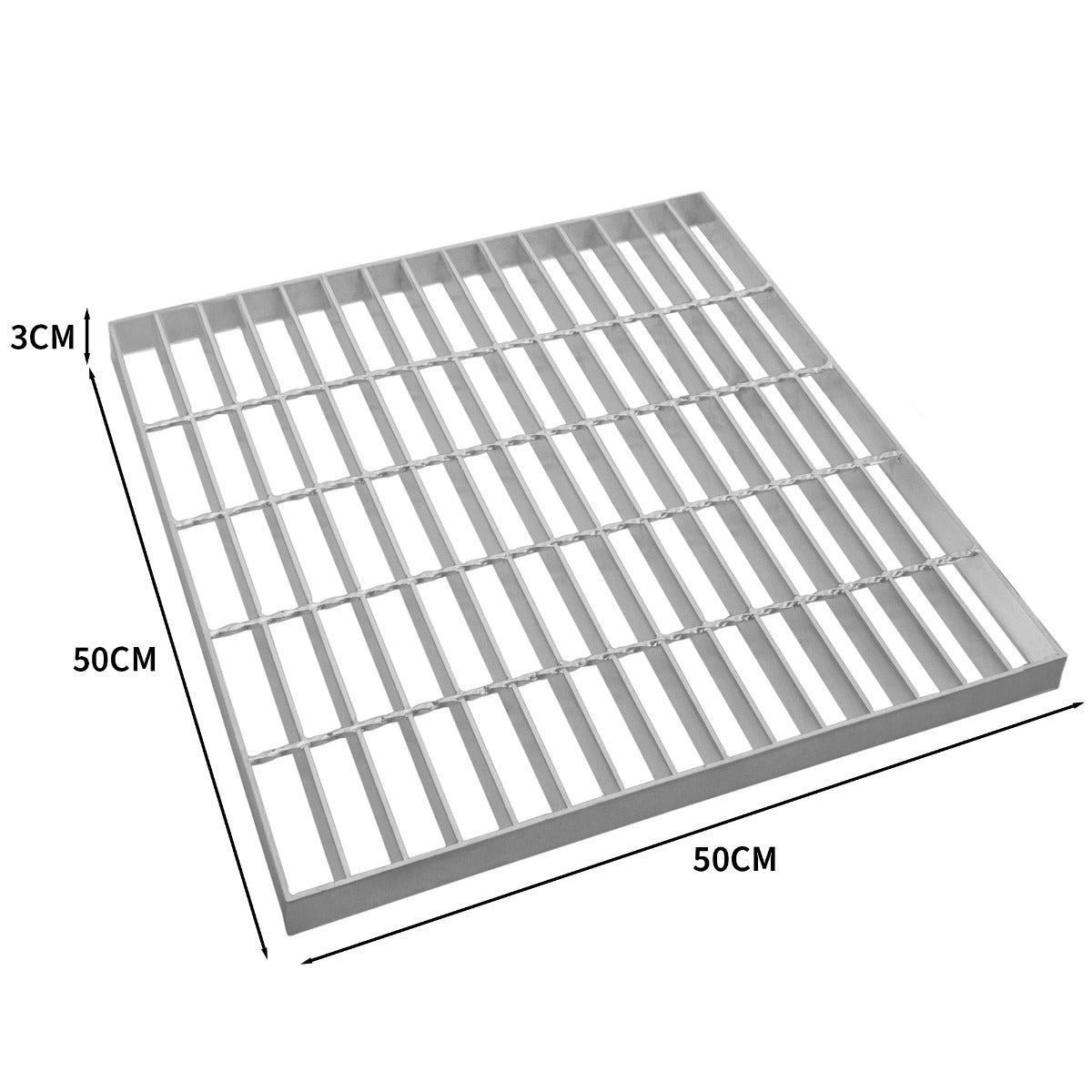 Grille caillebotis en acier galvanisé, 500 x 500 mm, finition lisse, robuste, avec des barres parallèles espacées uniformément