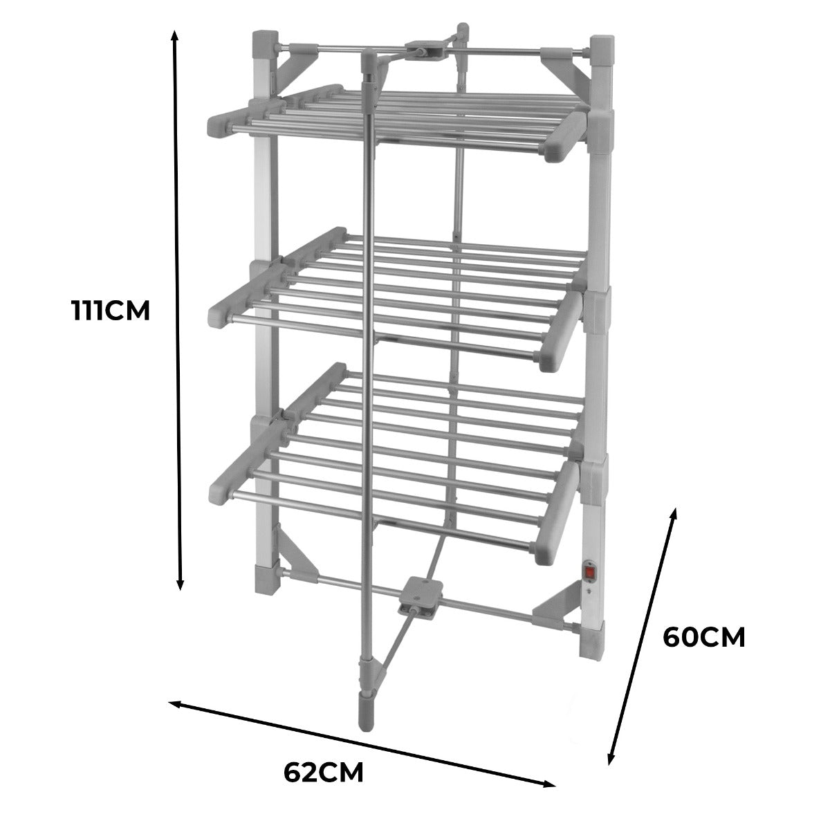 Etendoir à linge électrique chauffant en métal gris, avec trois niveaux de barres pour sécher efficacement le linge, dimensions 111 cm x 62 cm x 60 cm
