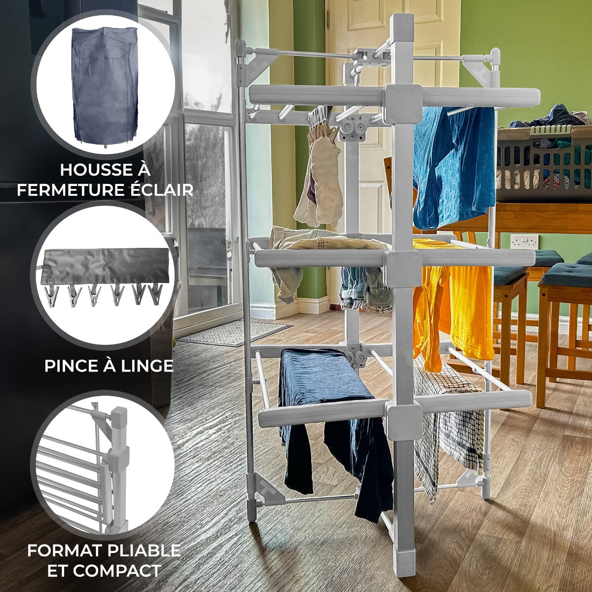 Etendoir à linge électrique chauffant blanc, pliable et compact, avec plusieurs étagères pour sécher vêtements et linge rapidement