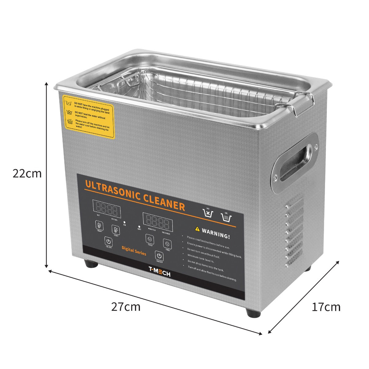 Nettoyeur ultrasonique T-Mech de 3 L en acier inoxydable, avec écran digital, dimensions 27x17x22 cm, idéal pour un nettoyage efficace