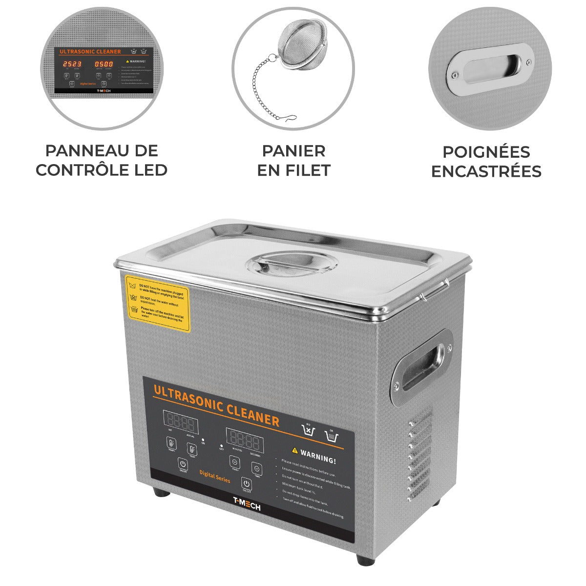 Nettoyeur ultrasonique T-Mech de 3 L en acier inoxydable, avec panneau de contrôle LED, panier en filet et poignées encastrées
